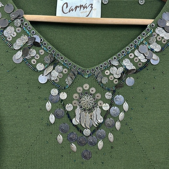 Green Ribbed Vintage Carraz Beverly Hills Embellished Sweater - Picture 3 of 9